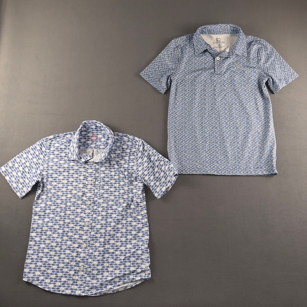 Southern Tide Boys 2pc Bundle Fish Print Button Down and Performance Polo Size M
